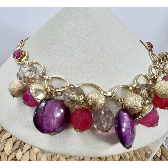 Y2K Beaded Dangle Statement Necklace Gold Tone 20” Pink Purple Fairy Cha Cha - Picture 4 of 9